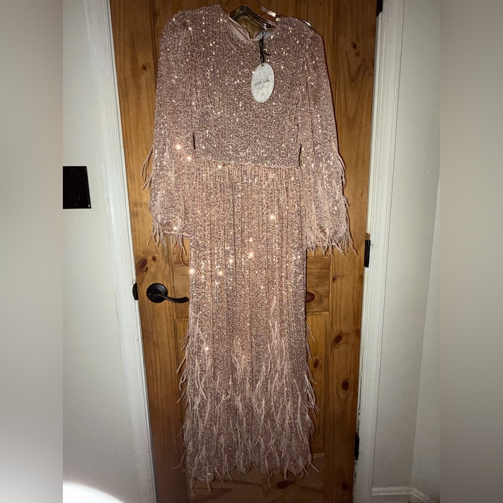 Antonio Melani × Nicola Bathie Nicola Sequin  Feathered A-Line Maxi Dress 0 - Picture 4 of 7